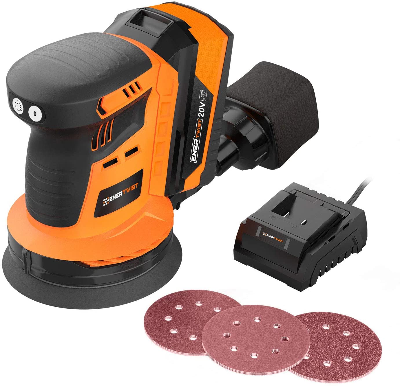 Enertwist Cordless Orbital Sander, 20V Max 5-Inch Brushless Random Orbit Sander with 4.0Ah Lithium-ion Battery and Charger, Including Dust Bag and 9-Pieces Hook-and-Loop Sanding Pads, ET-OS-20BL