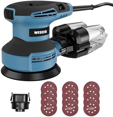 Random Orbit Sander, WESCO 3.0A Orbital Sander 5-Inch with 12Pcs Sanding Discs, Vancuum Adapter, Cyclone Box, Corded 6 Variable Speeds Electric Sander, Efficient Dust Collection System WS4269U