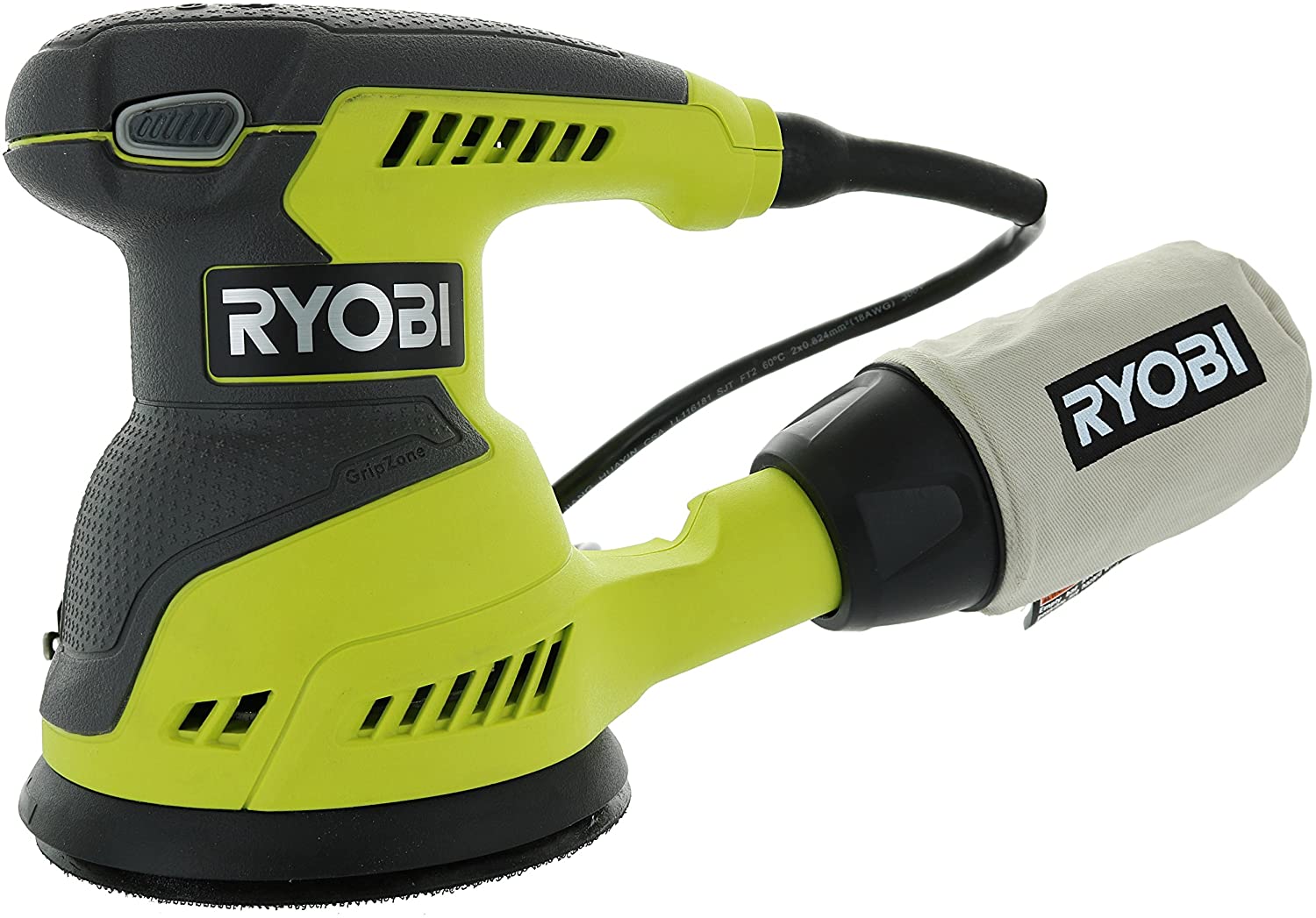 Ryobi RS290G 2.6 Amp 12,500 OPM Single Speed 5 Inch Hook and Loop Corded Random Orbit Sander w 3 Pads and Dust Bag