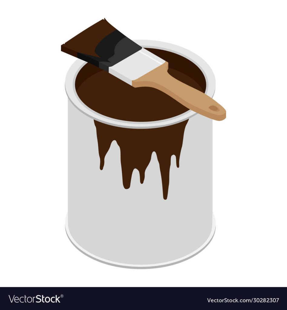 Metal paint can with brown paint and paintbrush with wooden handle vector illustration