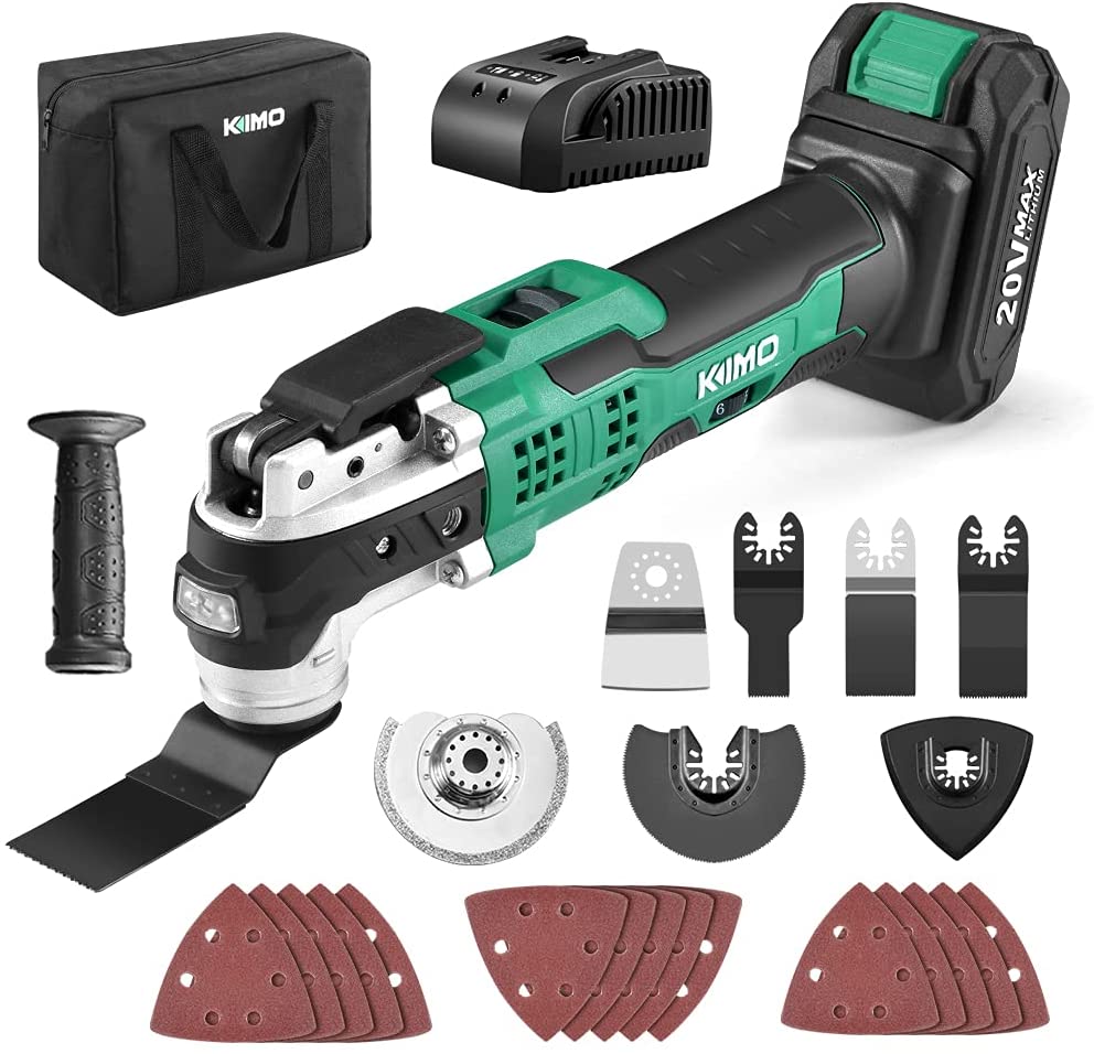 KIMO 20V Cordless Oscillating Tool Kit w 26-Piece Accessories, 21000 OPM Variable Speed & 3° Oscillating Angle, LED & Quick-Change, Battery Powered Multi Tool for Cutting Wood Nail
