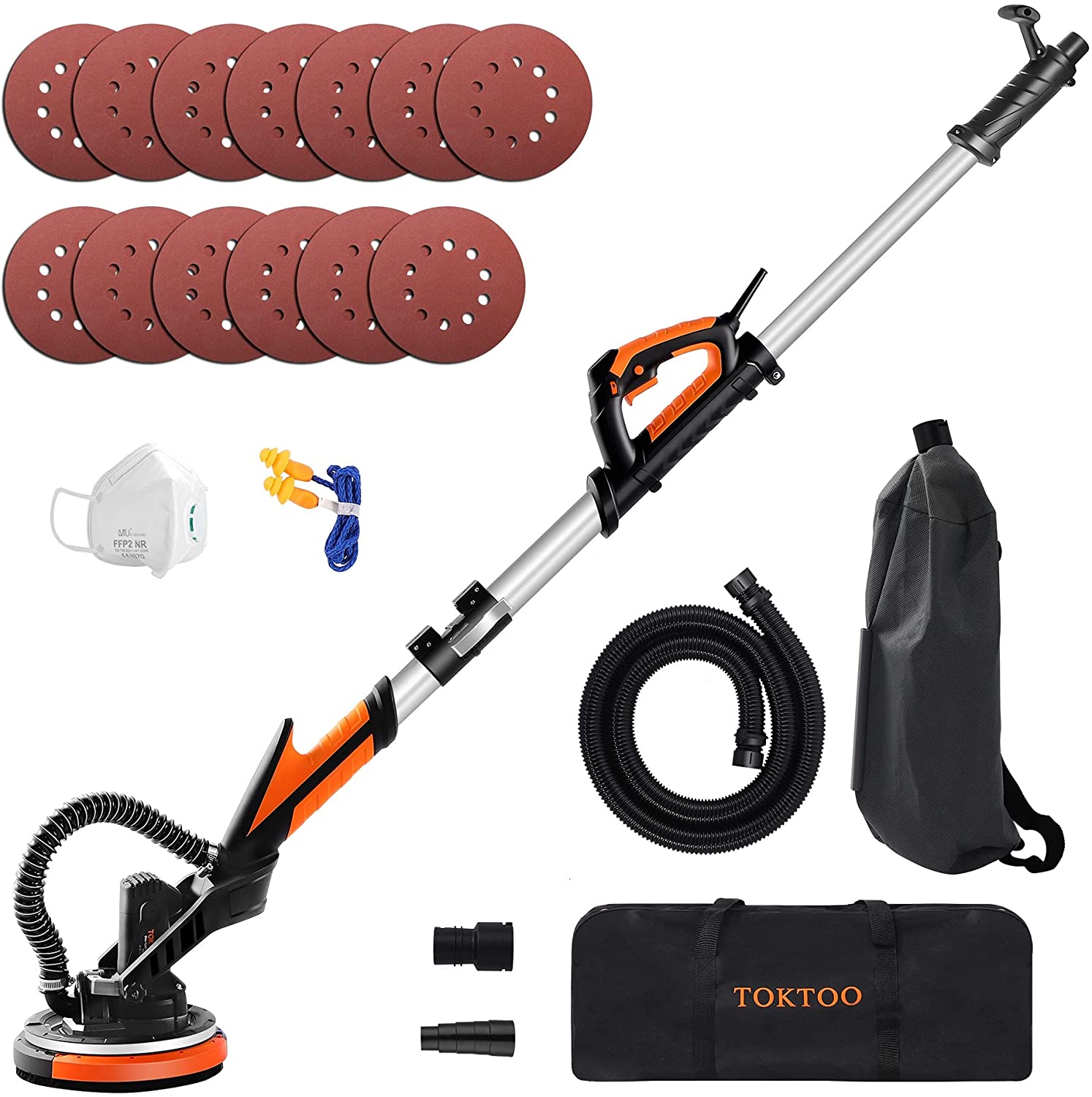 Drywall Sander, TOKTOO 800W Electric Drywall Sander with Vacuum Attachment, 13 Sanding Discs, LED and 6 Variable Speed, Extendable Handle and Carrying Bag