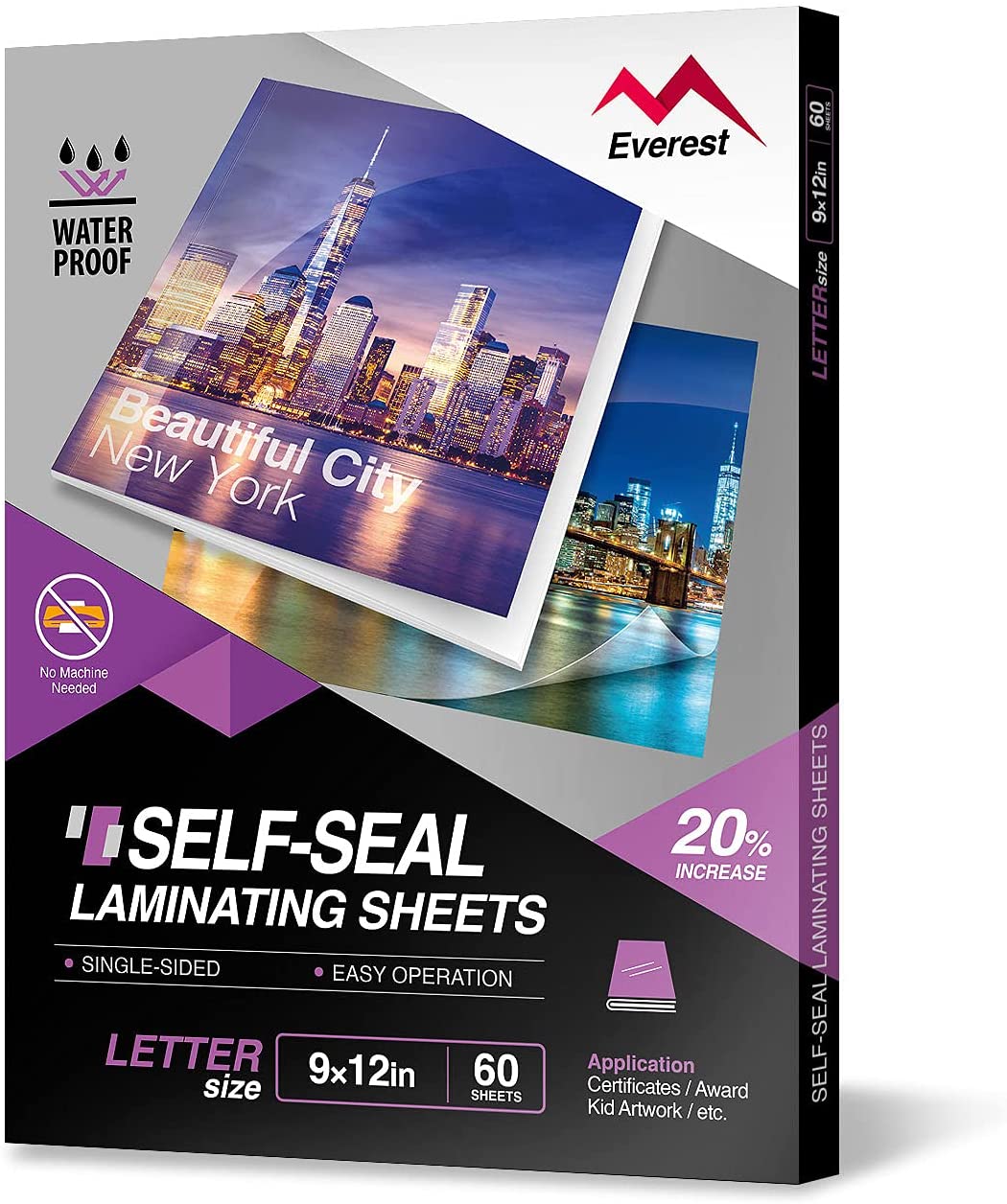 Everest Self Adhesive Laminating Sheets, Single Sided, Waterproof, Removable Adhesive Within 24 Hours, 9 x 12 Inches, 60 Clear Self Seal Laminating Sheets, Letter Size