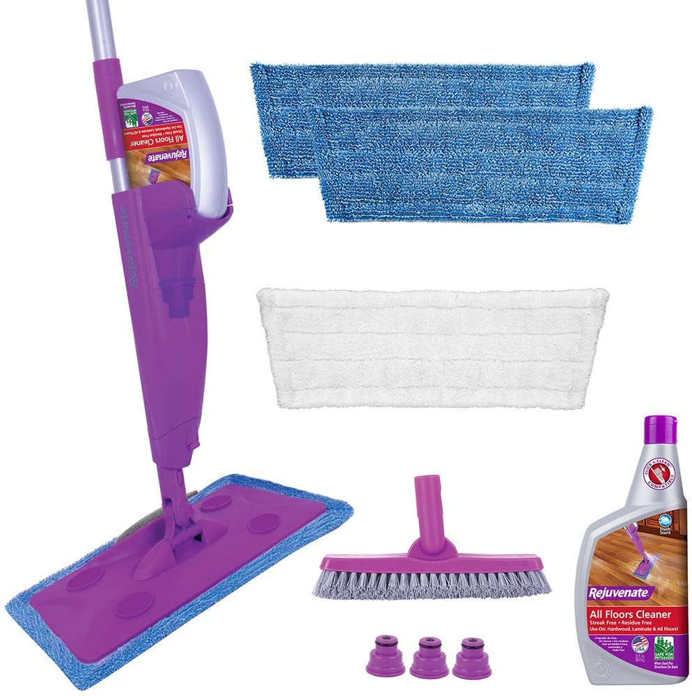 Rejuvenate Click N Clean Multi-Surface Spray Mop System Complete Bundle Includes Free Click-On Pro Grade Grout Brush 1 x 32oz No-Bucket Floor Cleaner (bundle with 3 reusable microfiber pads)