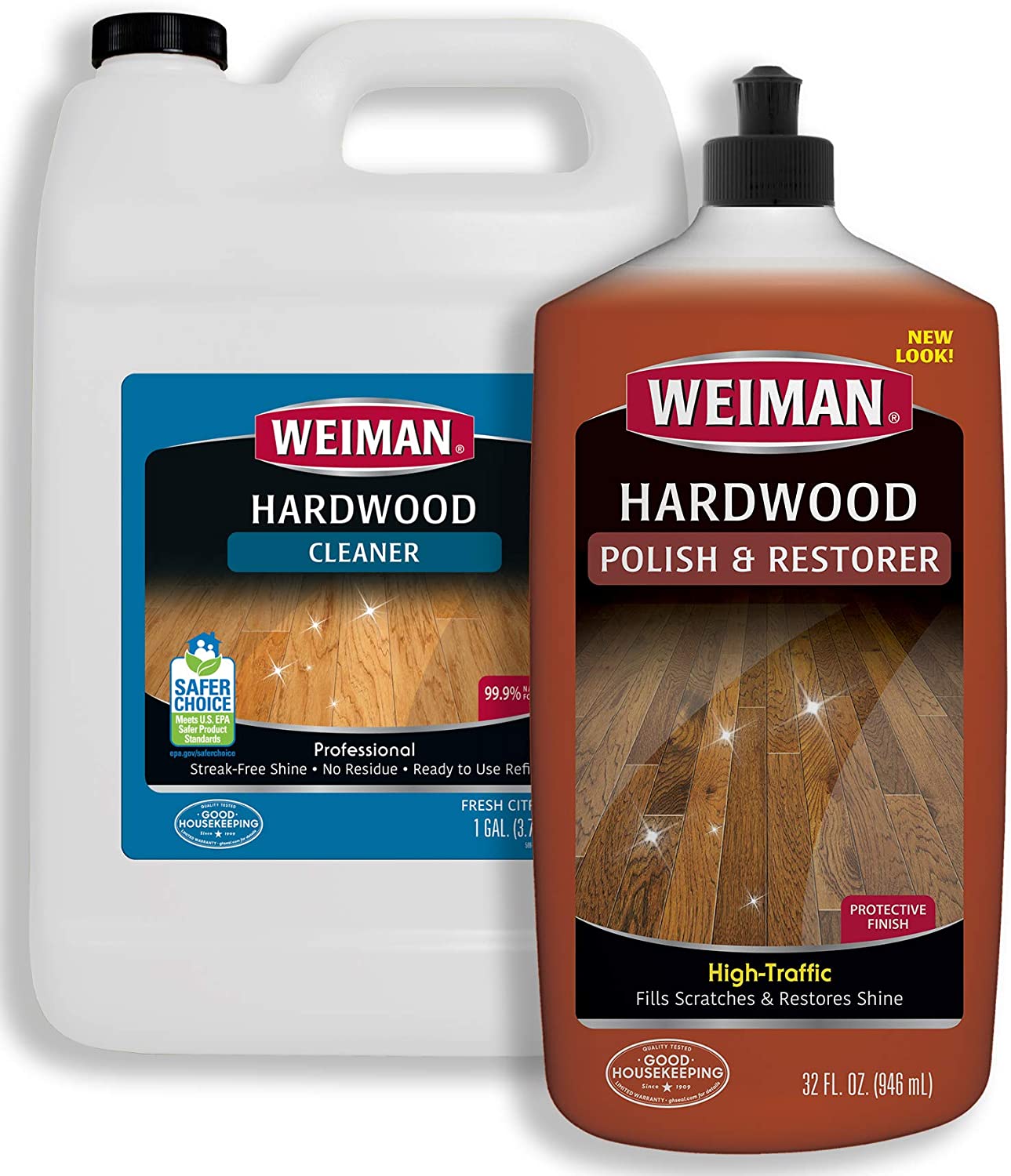 Weiman Hardwood Floor Cleaner and Polish - 128 Ounce Cleaner and 32 Ounce Polish - High-Traffic Hardwood Floor, Natural Shine, Removes Scratches, Leaves Protective Layer - Packaging May Vary